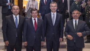 The Minister of Foreign Affairs of Turkey, Mevlut Cavusoglu with the Prime Minister of Turkey, Ahmet Davutoglu and NATO Secretary General Jens Stoltenberg and the Minister of Defence of Turkey, Ismet Yilmaz