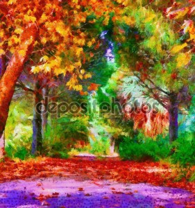 Colorful autumn trees digital painting with Monet style brushstrokes