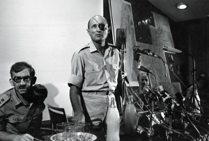 Israeli soldier, statesman, and Minister of Defence, General Moshe Dayan (1915 - 1981) holds a press conference in Jerusalem during the Six Day War.  Original Publication: People Disc - HD0181   (Photo by Stan Meagher/Getty Images)